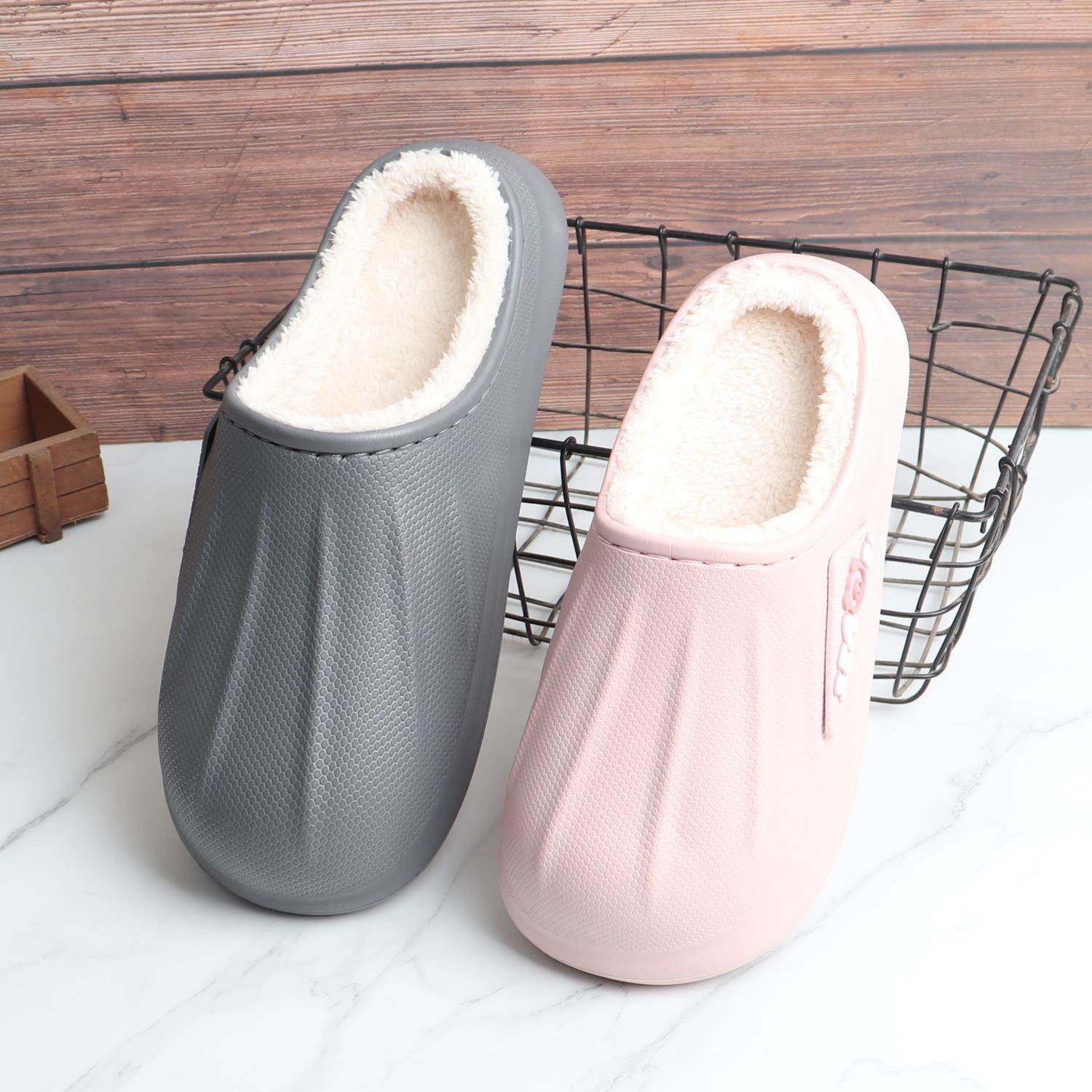 冬加厚保暖防水耐脏毛绒拖学生纯色外穿防水EVA软底情侣棉拖鞋男