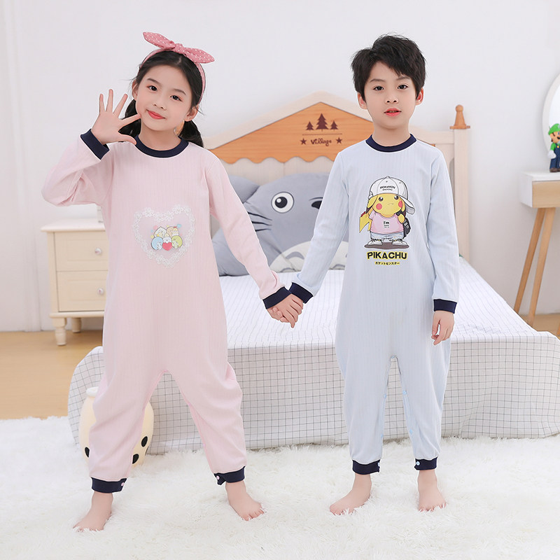 儿童连体睡衣纯棉春秋薄款家居服女童男童宝宝夏季防踢长袖空调服