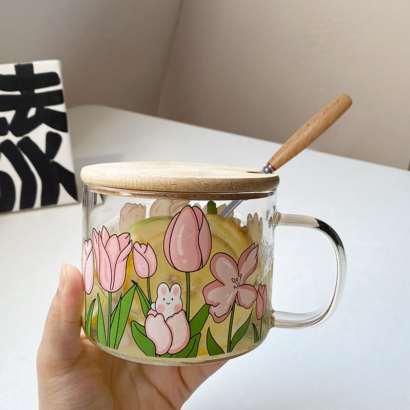玻璃杯可爱带盖勺牛奶咖啡杯杯子