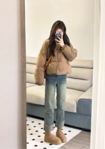 短款棉服女冬季2023新款棉衣棉袄高腰宽松显瘦直筒牛仔裤女套装