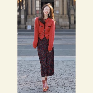 2023秋冬新款高级感小洋装绝美奶fufu小香风红色碎花裙两件套装女