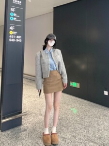 JMSHOP 画报麻豆 蓝色衬衫灯芯绒短裙两件套女设计感灰色夹棉外套