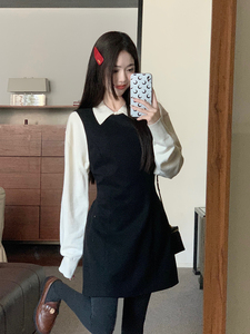 实拍实价~留洋大小姐 显瘦连衣裙女毛呢背心裙娃娃领针织衫套装