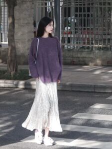 紫色软糯宽松毛衣女厚实保暖秋冬季马海毛高级感半身裙套装两件套