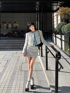 财阀千金'小香风套装裙毛呢短外套半身裙