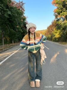 仿貂毛针织毛衣短款可爱风秋冬水洗复古直筒牛仔裤套装