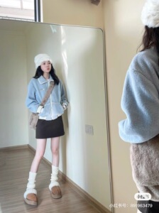 蓝色毛绒外套秋季穿搭短外套可爱风韩系穿搭