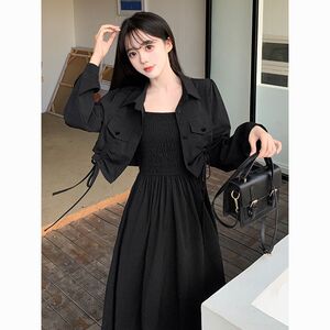 大码女装胖mm秋季吊带连衣裙套装长袖短款开衫外套长款裙子两件套