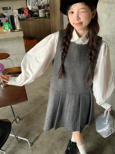 实拍 秋冬韩chic简约灰色格子呢子背心裙+衬衫