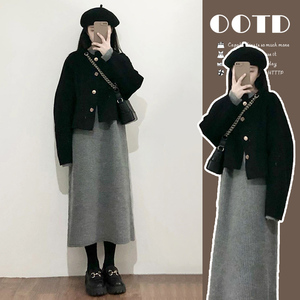现货新品~秋冬套装韩版时尚宽松小香风加厚毛衣裙+毛呢外套两件套