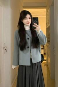 秋冬装茶系穿搭一整套小香风蓝色毛呢外套半身裙两件套装秋季女装