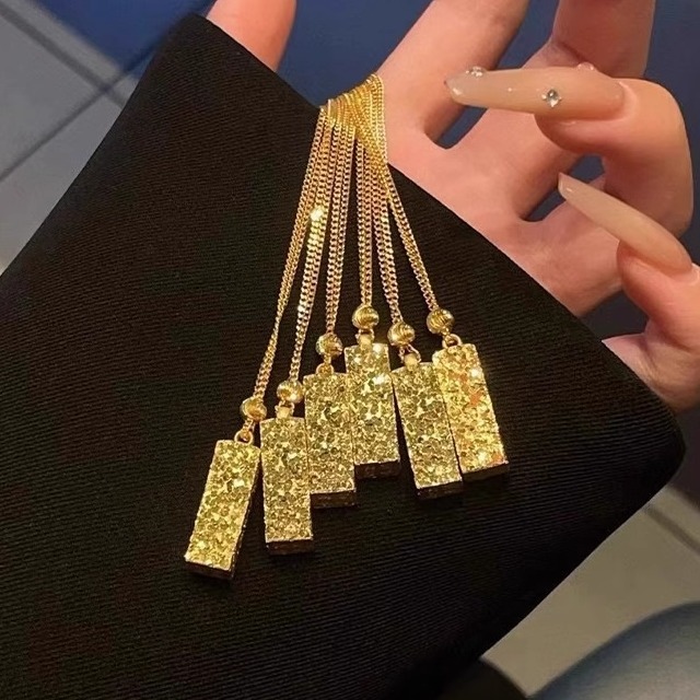 四方来财碎冰冰项链女925纯银时尚百搭爆闪24k金色吊坠小红书爆款