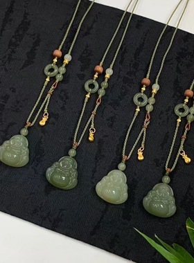 天然原创和田玉项链绳晴水料弥勒佛吊坠绳可调节小红书同款锁骨链