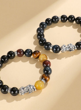 新品999银貔貅黑玛瑙国潮个性串珠手链男女通用虎眼石手串金发晶