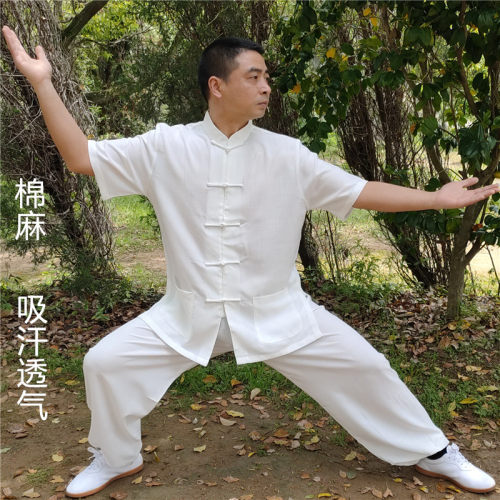 夏季短袖太极服棉麻武术练功服男