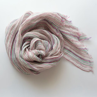 复古绿条纹亚麻纯麻围巾日系原单出口百搭春夏防晒披肩男女学生薄