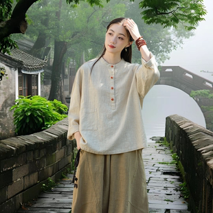 女上衣2024新款 新中式 禅意佛系女装 棉麻套装 国风高端亚麻 秋季 衬衫