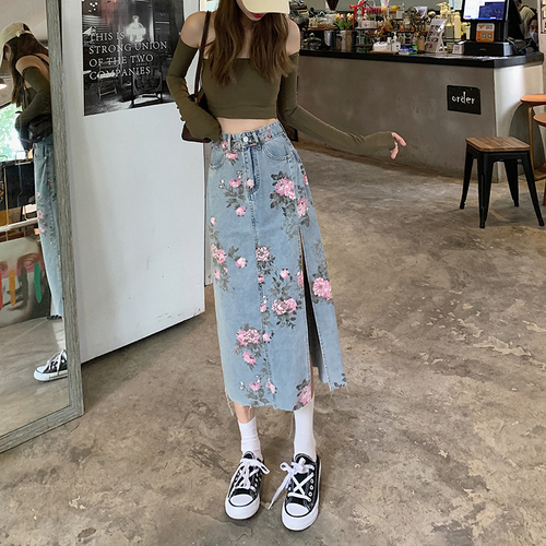 Side slit denim skirt for women spring and summer plus size fat mm high waist slim floral mid-length hip skirt