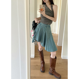 E3THREE 垂感高腰显瘦a字百褶裙小众设计感 不规则牛仔短裙女夏季