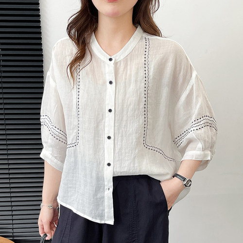 夏季棉麻刺绣宽松显瘦衬衫女