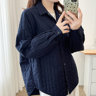 韩系菱格纹夹棉衬衫女长袖深蓝色百搭保暖棉服外套翻领显瘦宽松