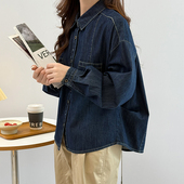特价 牛仔衬衫 女宽松百搭长袖 少量 翻领开衫 港风穿搭