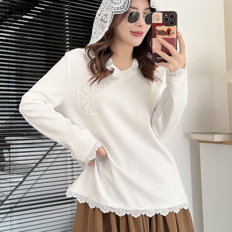 白色蕾丝拼接连帽卫衣女帽衫打底
