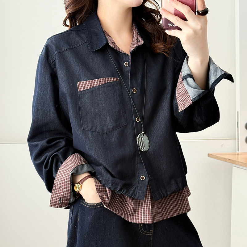 复古格子拼接牛仔宽松长袖衬衫女