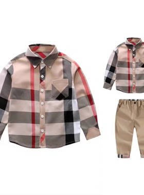 2023春新款男童英伦格子衬衫纯棉衬衣拼接格子长裤休闲套装