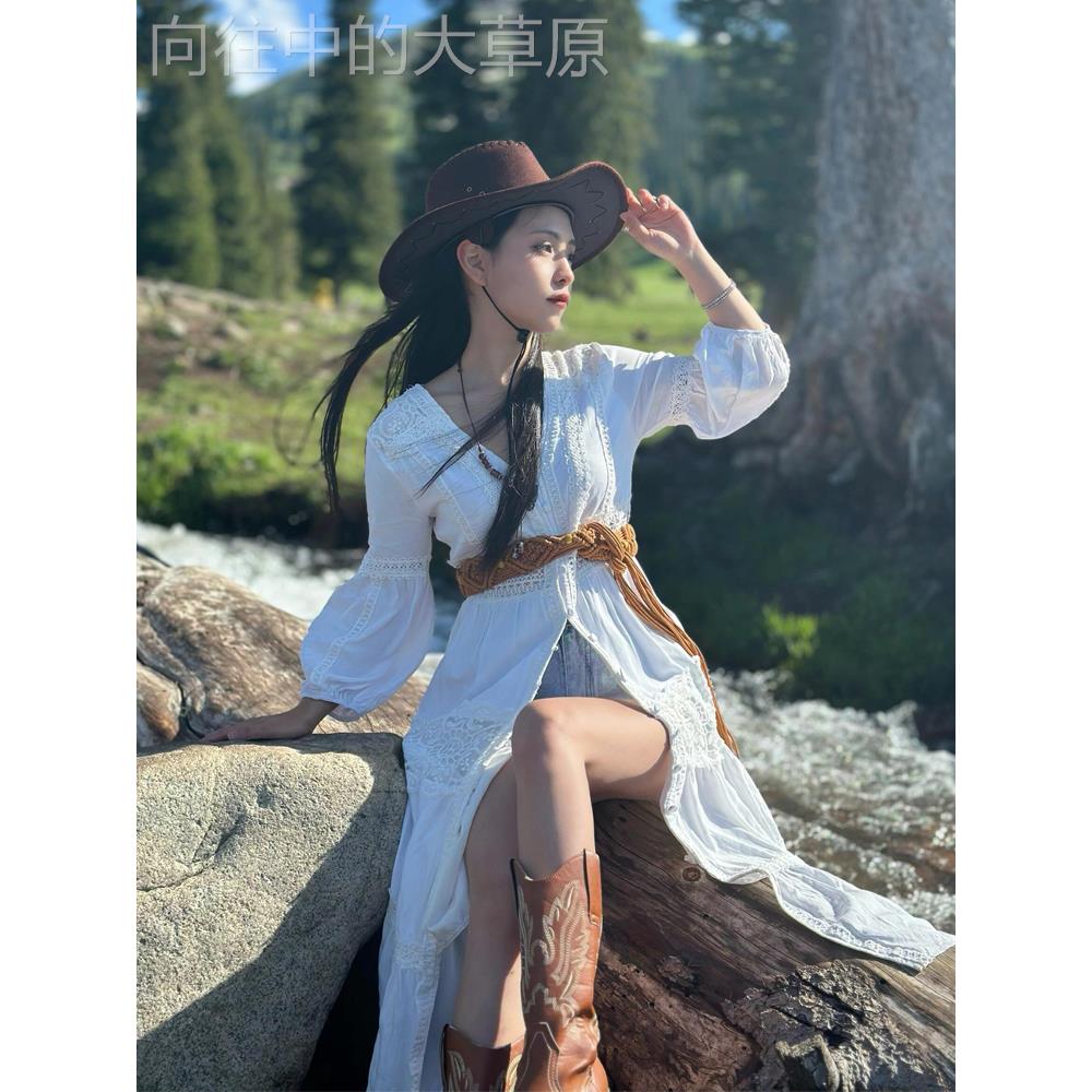 新品新疆草原川藏旅行穿搭叠穿连衣裙女川西青海旅游拍照开叉长裙