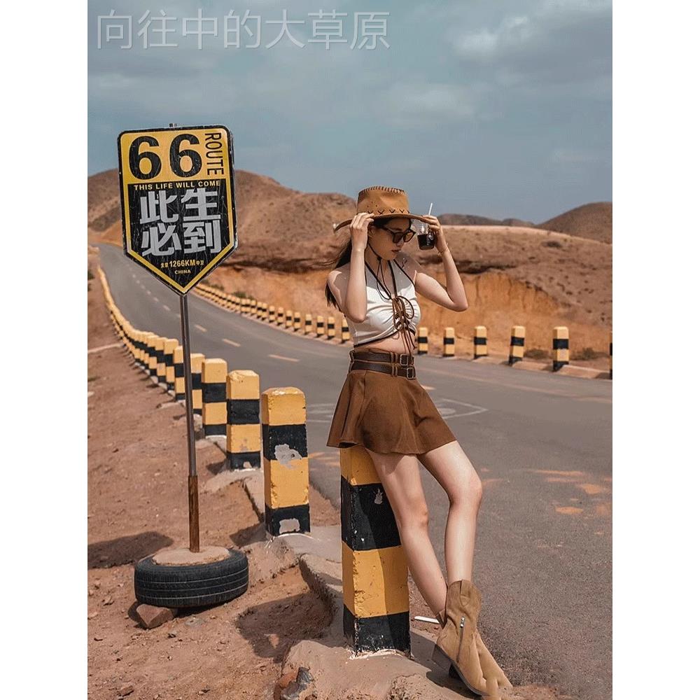 新品大西北旅游穿搭西部牛仔辣妹风服装草原川西甘南沙漠套装短裙