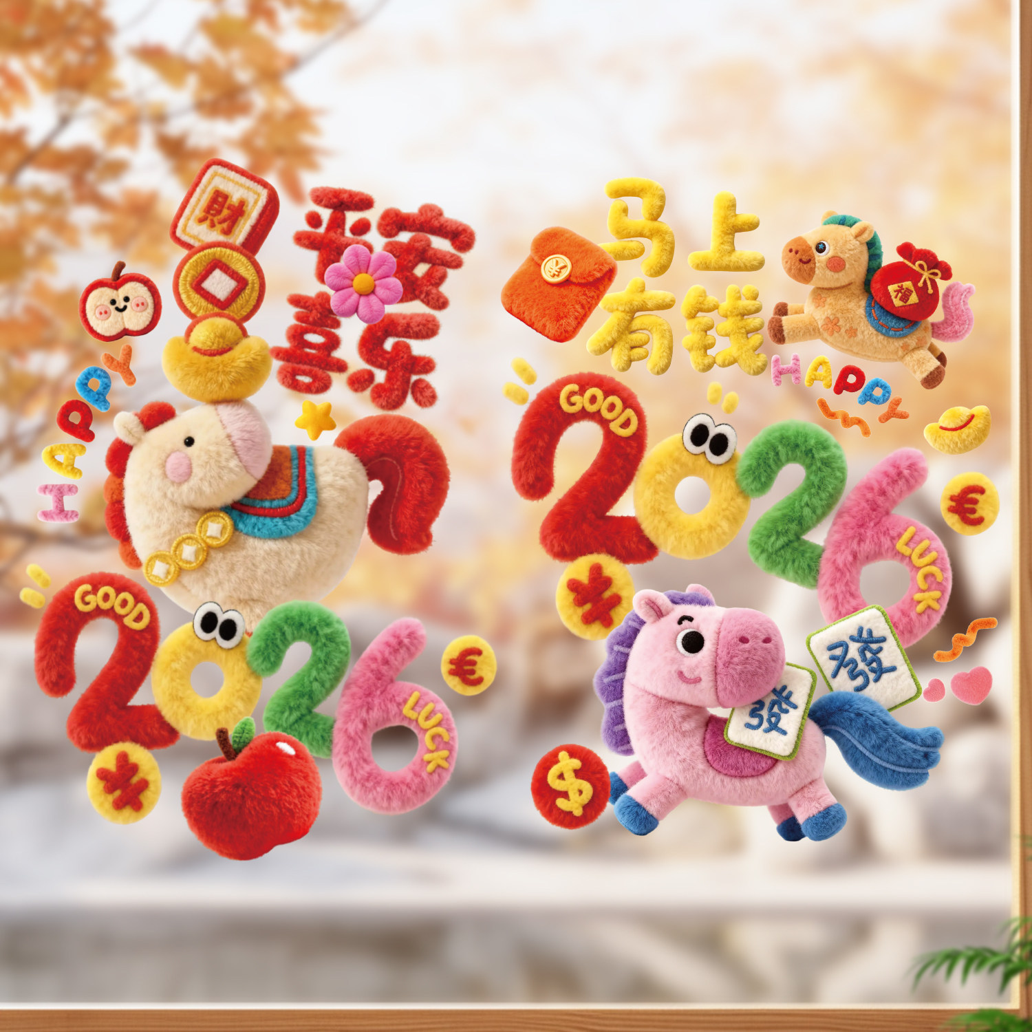 2026元旦马年5D窗花福字门贴纸春节过年玻璃橱窗静电贴新年装饰画