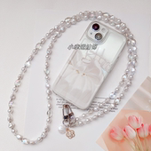 夹片挂件 挂脖斜背挂绳时尚 2024新款 手机链不规则珍珠水晶链长款