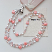 原创自制粉色陶瓷花珍珠手机链甜美可爱女款 斜挎链条包包串珠挂饰