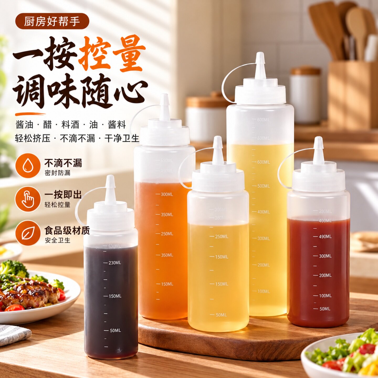 厨房专用调料瓶酱油醋油罐家用按压式塑料挤酱瓶空瓶子液体分装瓶