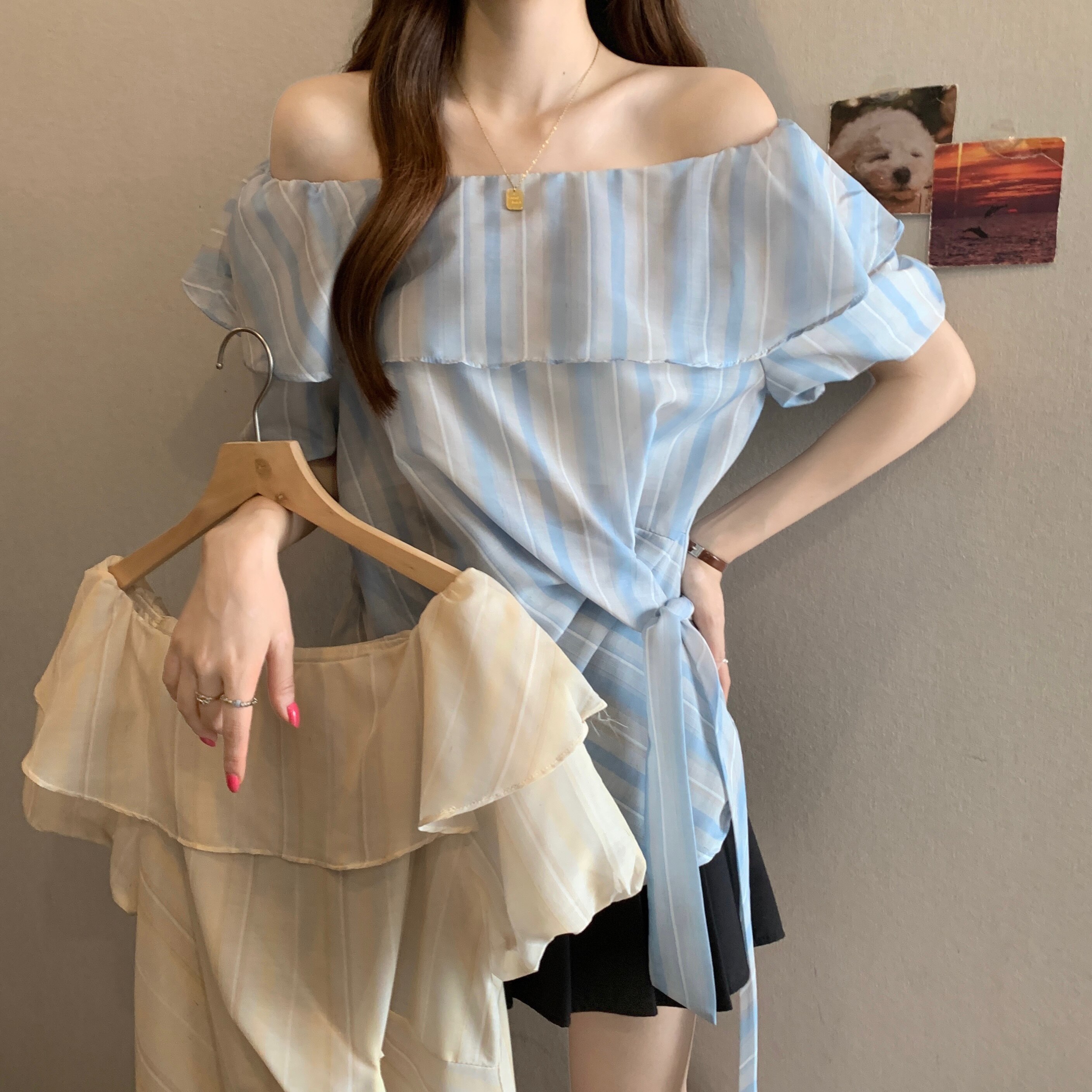 大码女装法式荷叶领条纹绑带休闲衬衫胖妹妹收腰显瘦短袖上衣