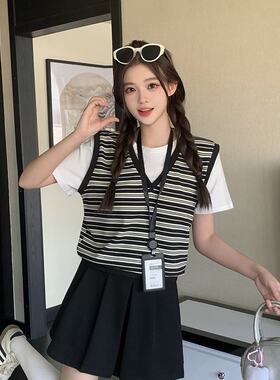 夏装大码女显瘦条纹马甲三件套