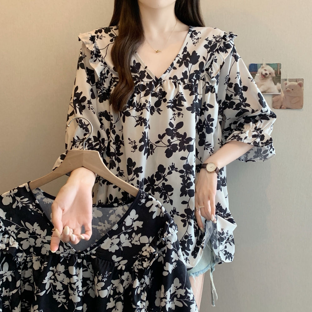 大码女装中长款花边蓬蓬碎花衬衫