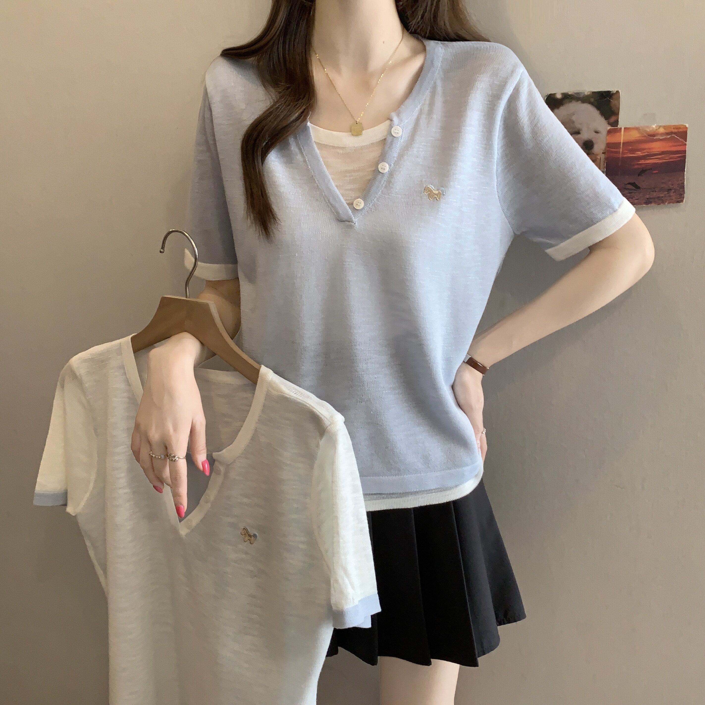 大码女装韩版假两件撞色刺绣卡通针织上衣胖妹妹遮肚短袖上衣