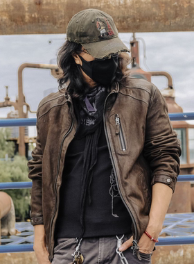 C76020-山羊皮重水洗做旧工艺复古风立领皮衣男款真皮机车夹克