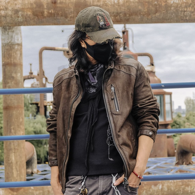 复古风立领皮衣男款真皮机车夹克