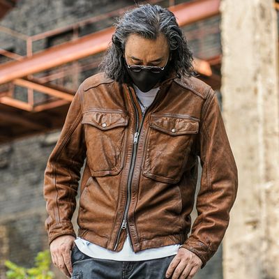 C73068-原生态山羊皮经典男款复古做旧外套方领夹克男士真皮皮衣