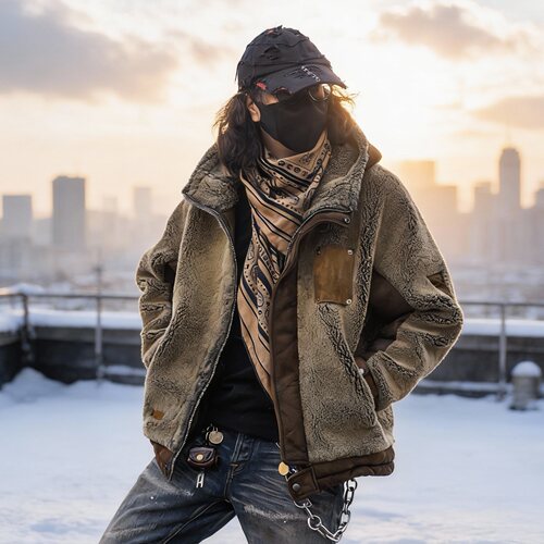 F76080-男款皮毛一体复古水洗做旧工艺保暖皮草休闲皮毛一体男款