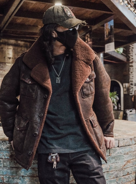 T76057-醇植浆染男款皮毛一体复古水洗做旧工艺保暖皮毛一体男款