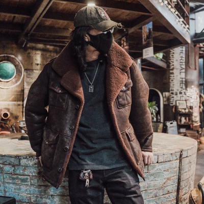 T76057-醇植浆染男款皮毛一体复古水洗做旧工艺保暖皮毛一体男款