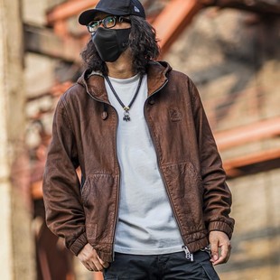 C73017-1原生态山羊皮经典男款皮衣复古做旧真皮休闲连帽卫衣夹克
