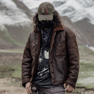 T76021-醇植浆染男款皮毛一体复古水洗做旧工艺保暖皮草休闲外套