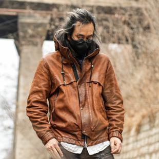 C75016原生态山羊皮经典 皮衣复古做旧真皮休闲连帽卫衣夹克 男款