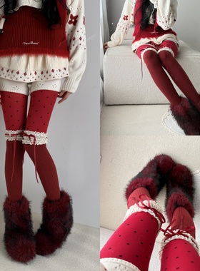 新年氛围感拉满~2026酒红色波点连裤袜叠搭蕾丝蝴蝶结红色高筒袜