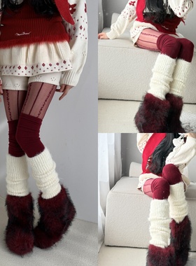 圣诞叠穿教科书~氛围感酒红过膝长筒袜叠搭白色毛绒针织腿套
